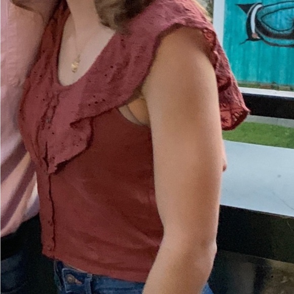 AEO Terracotta Copper Rust Embroidered Eyelet Lace Ruffle Crop Blouse Tank Top - Picture 6 of 10